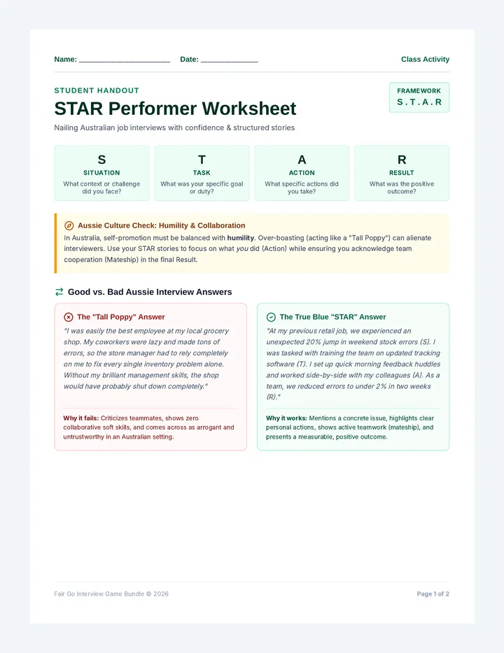 STAR Performer Worksheet