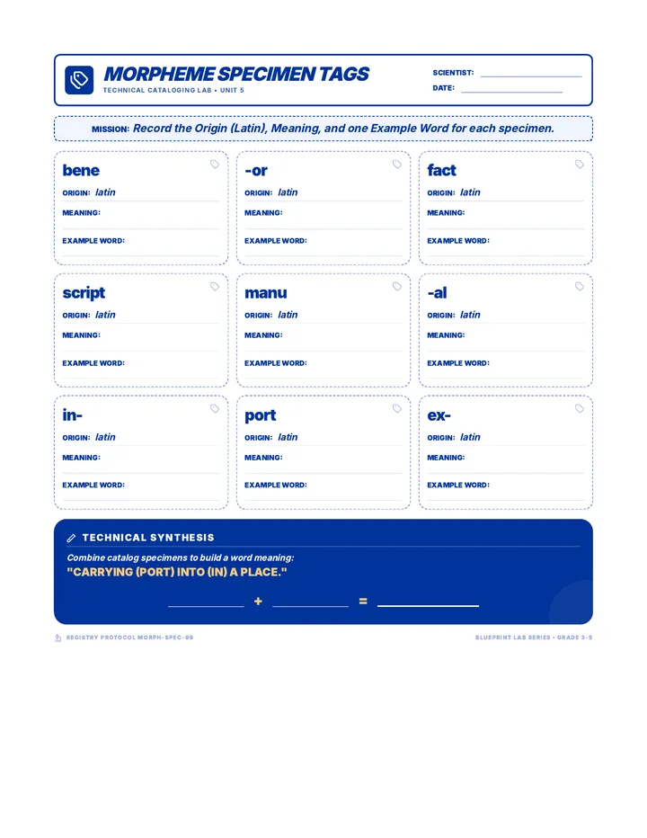 Morpheme Specimen Tags Worksheet