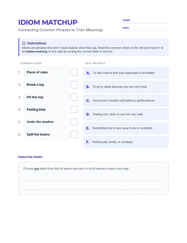 Idiom Matchup Worksheet