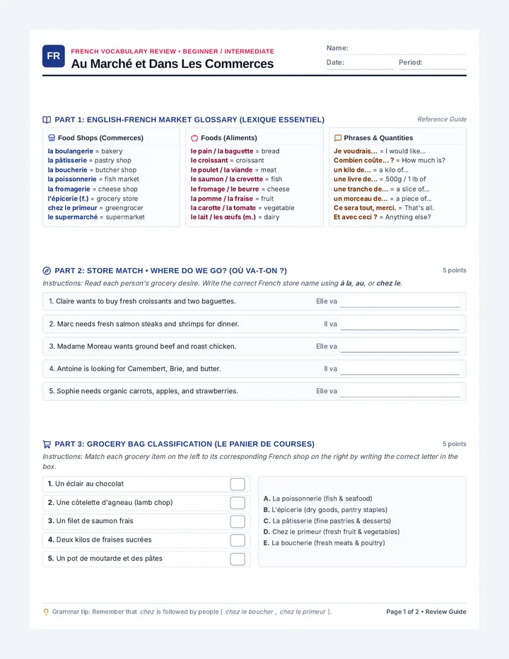 Market Food Quest Worksheet