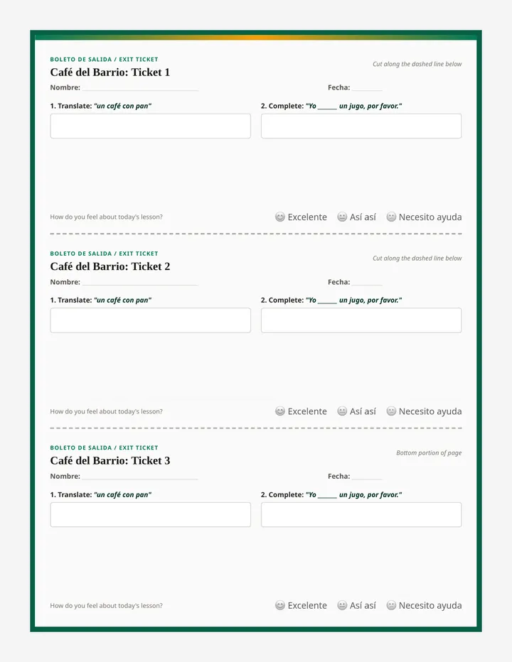 Cafe del Barrio Exit Ticket
