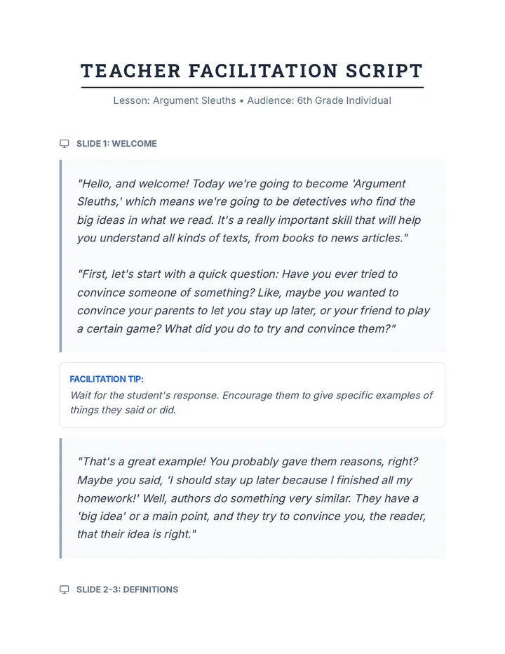 Argument Sleuths Teacher Script