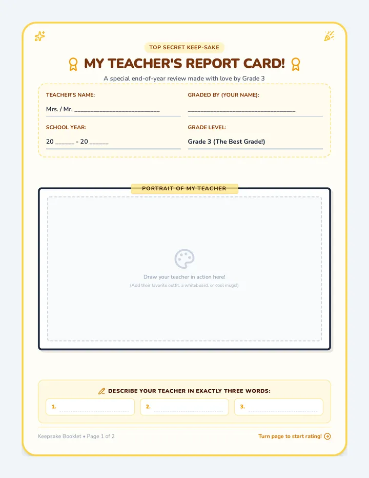 Teacher Report Card Keepsake Booklet page 1