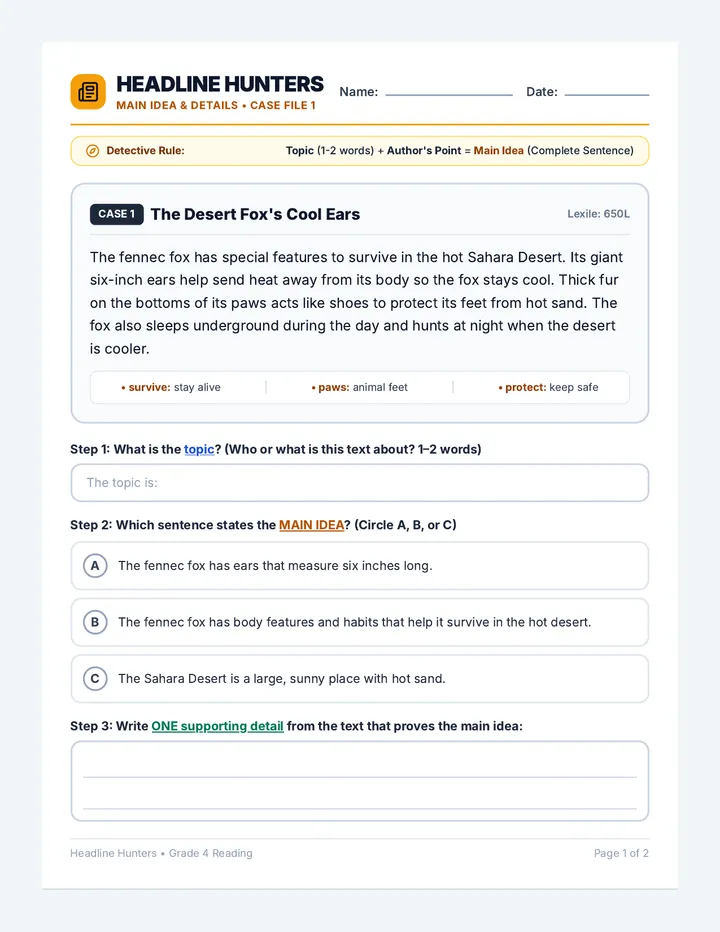 Headline Hunters Worksheet