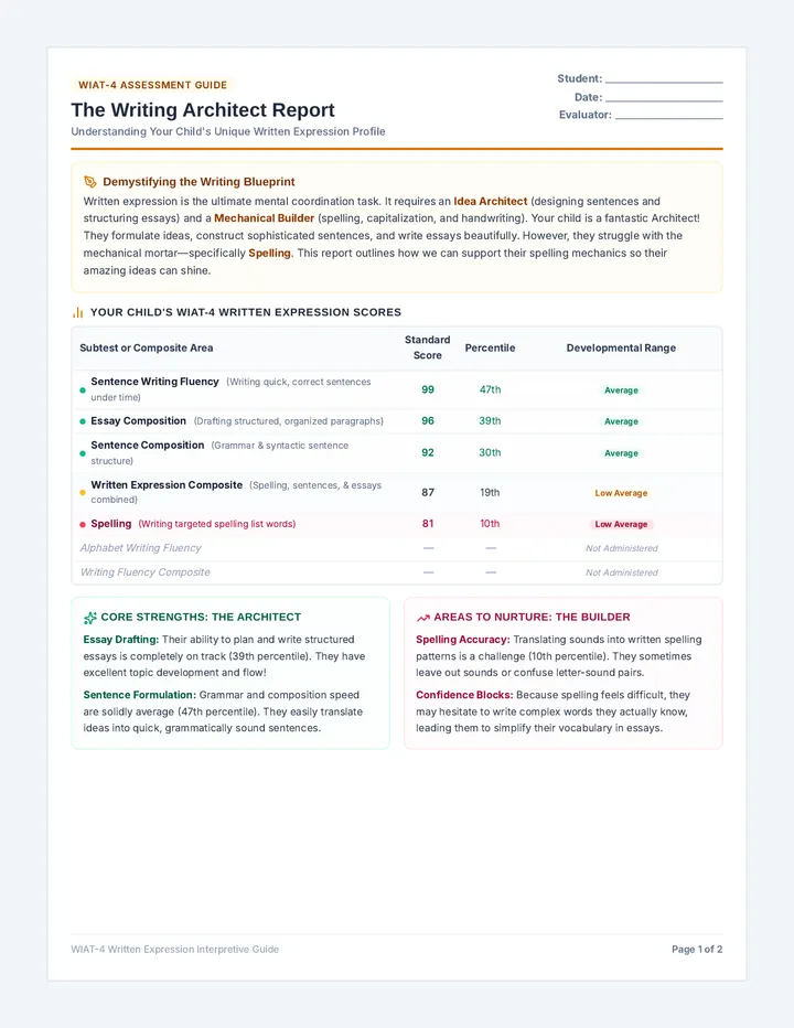 Writing Bridge Parent Report page 1