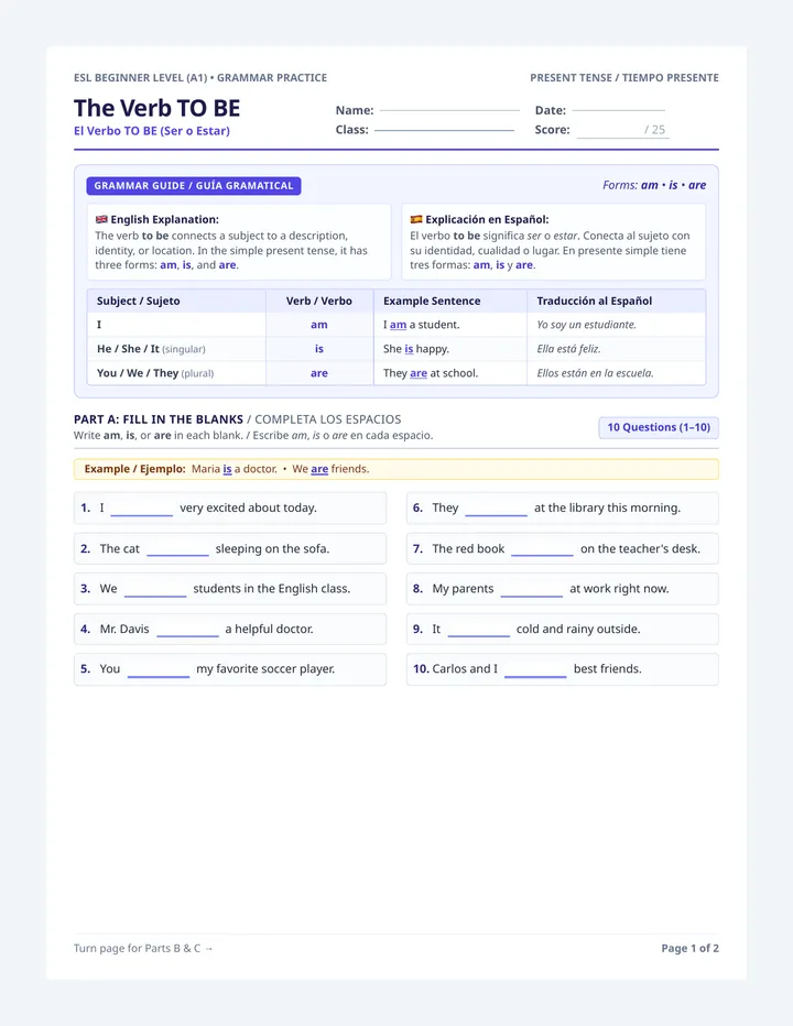 Verb To Be Worksheet