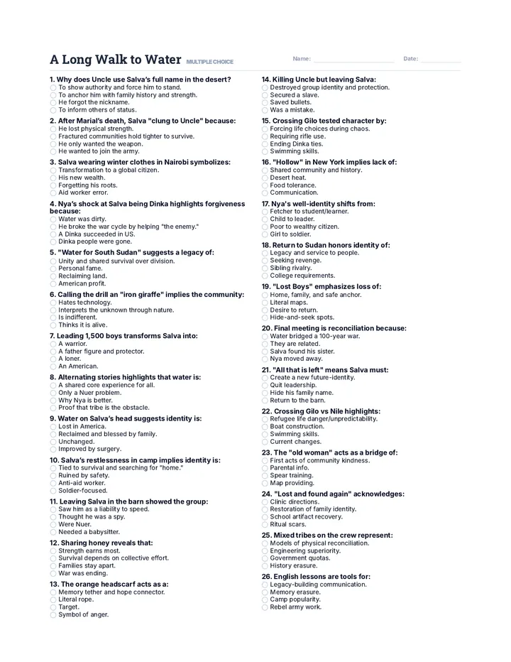 A Long Walk to Water Multiple Choice & Short Answer Ultra Dense