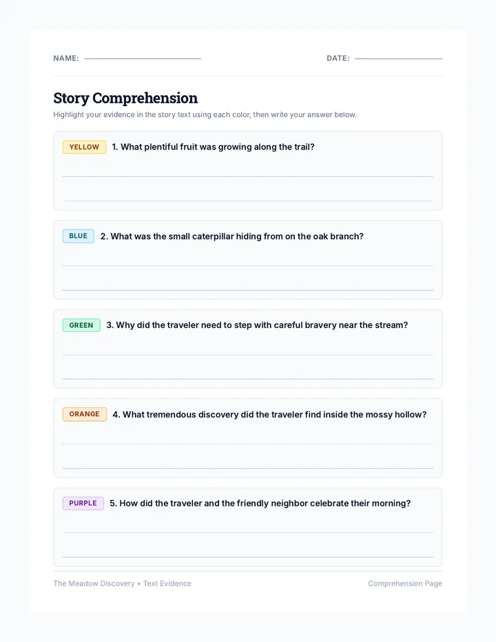 Story Comprehension Worksheet