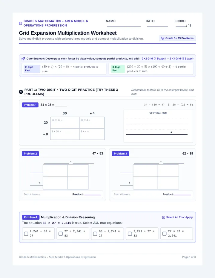 Grid Expansion Multiplication Worksheet