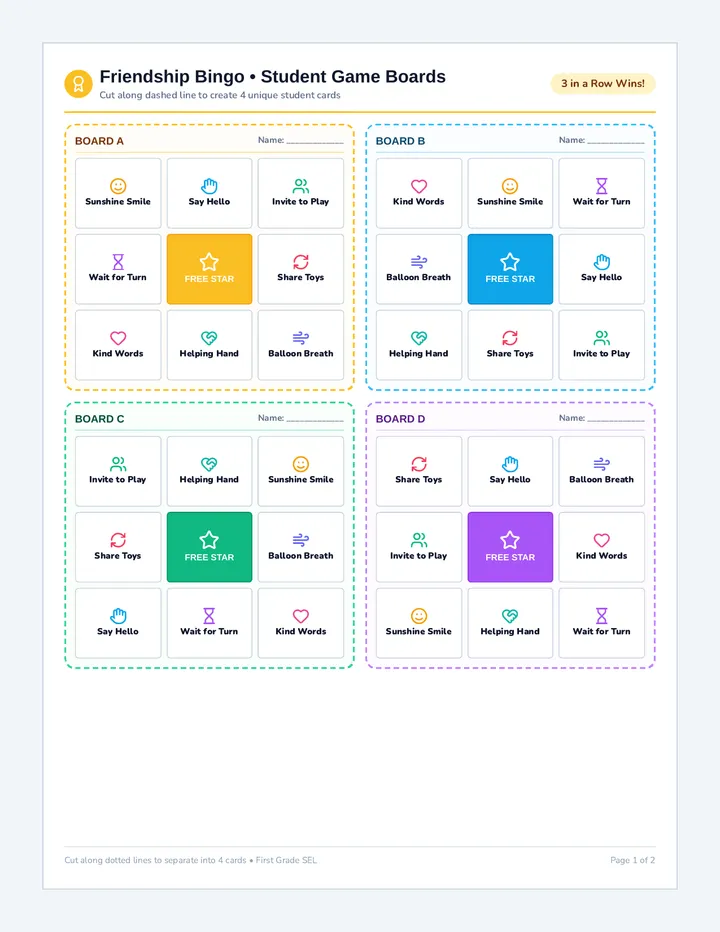 Friendship Bingo Game Cards