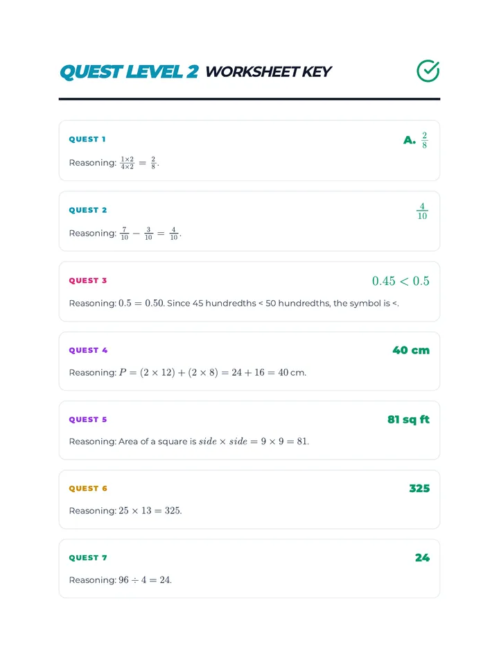 Math Quest Level 2 Worksheet Key