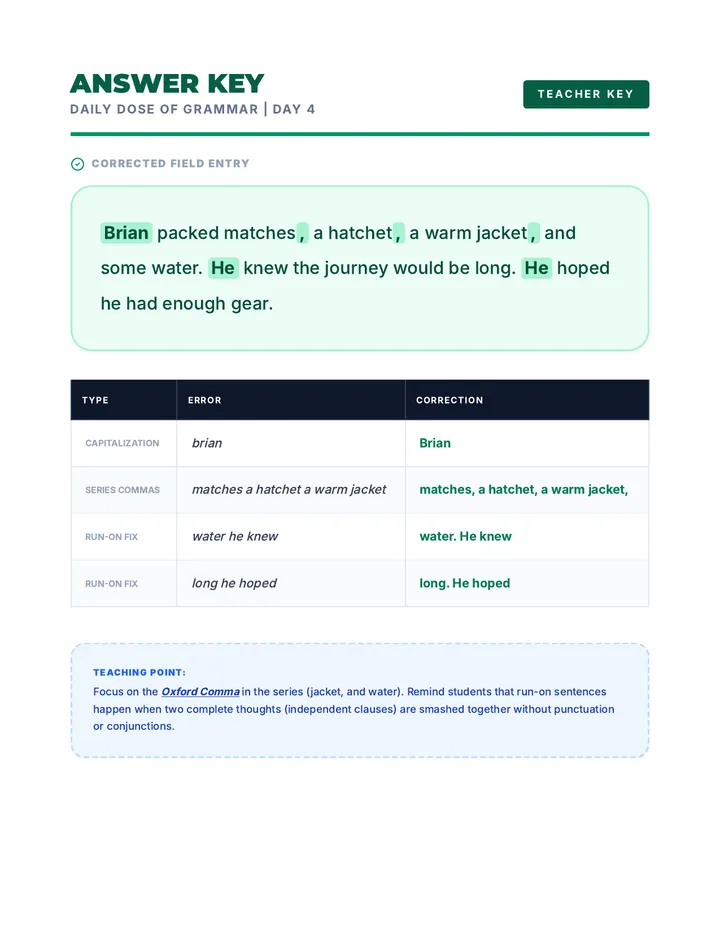 Day 4 Daily Dose Grammar Answer Key