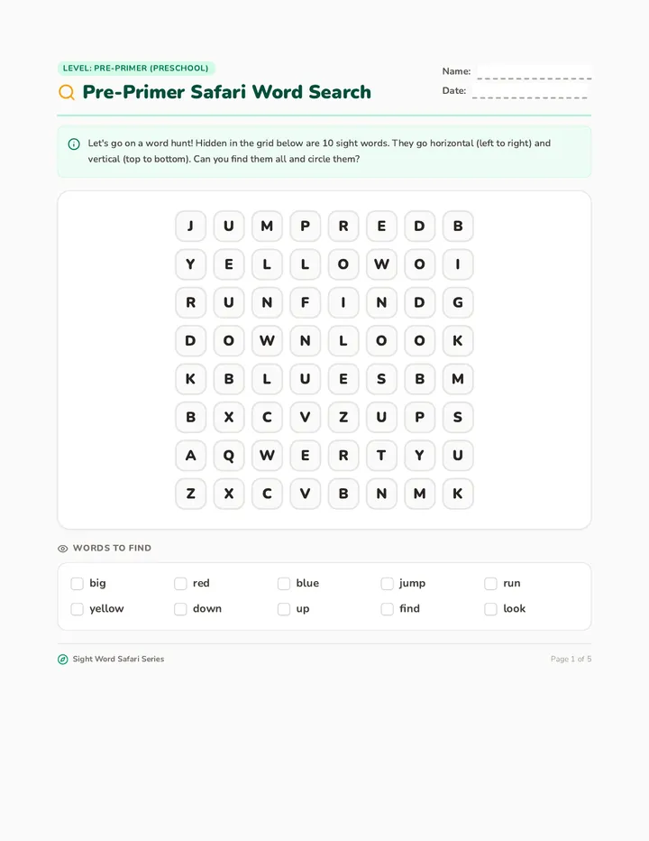 Pre-Primer Safari Word Search