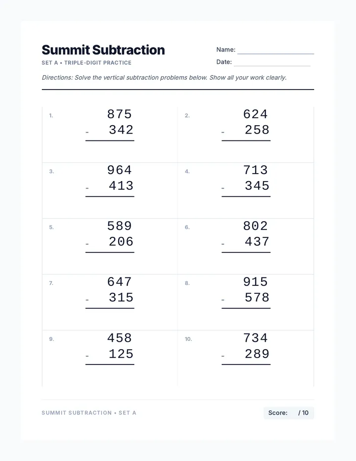 Summit Subtraction Worksheet 1