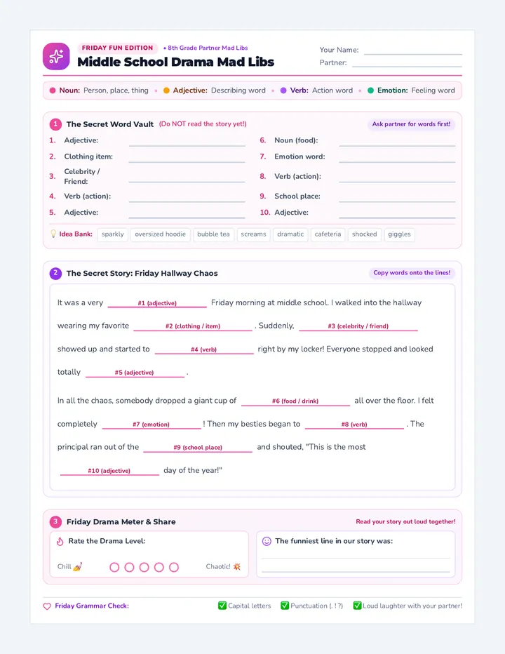 Middle School Drama Mad Libs Activity Sheet