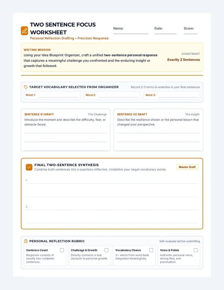 Two Sentence Focus Worksheet