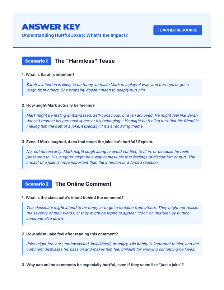 Understanding Hurtful Jokes Answer Key