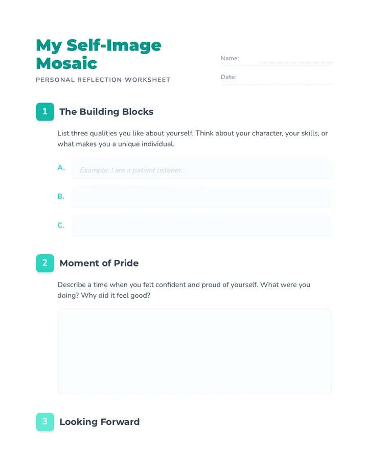 Self Image Reflection Worksheet