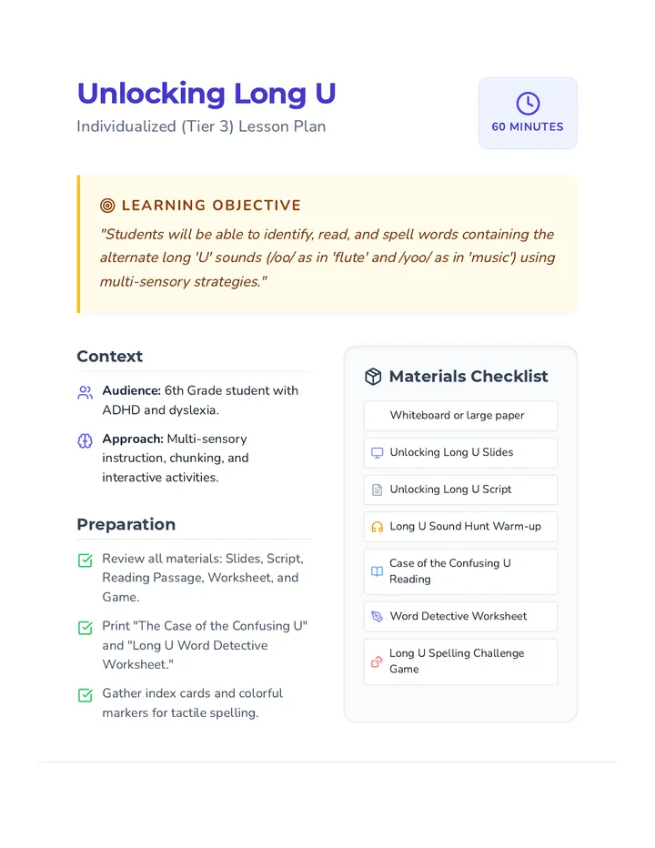 Long U Lesson Plan Teacher Guide