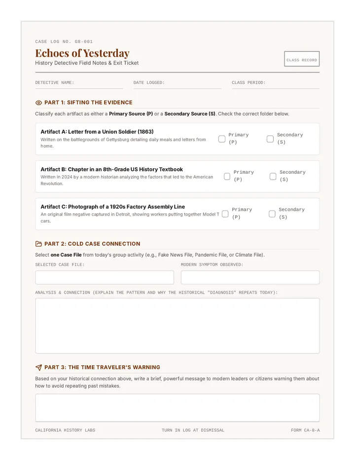 Echoes of Yesterday Worksheet