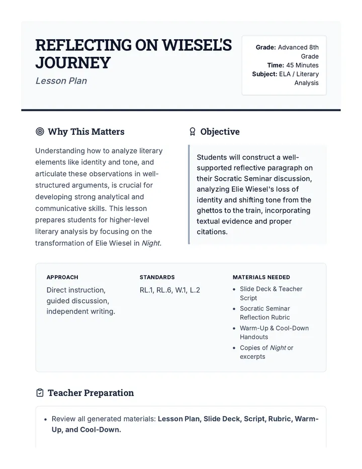 Wiesel Reflection Lesson Plan