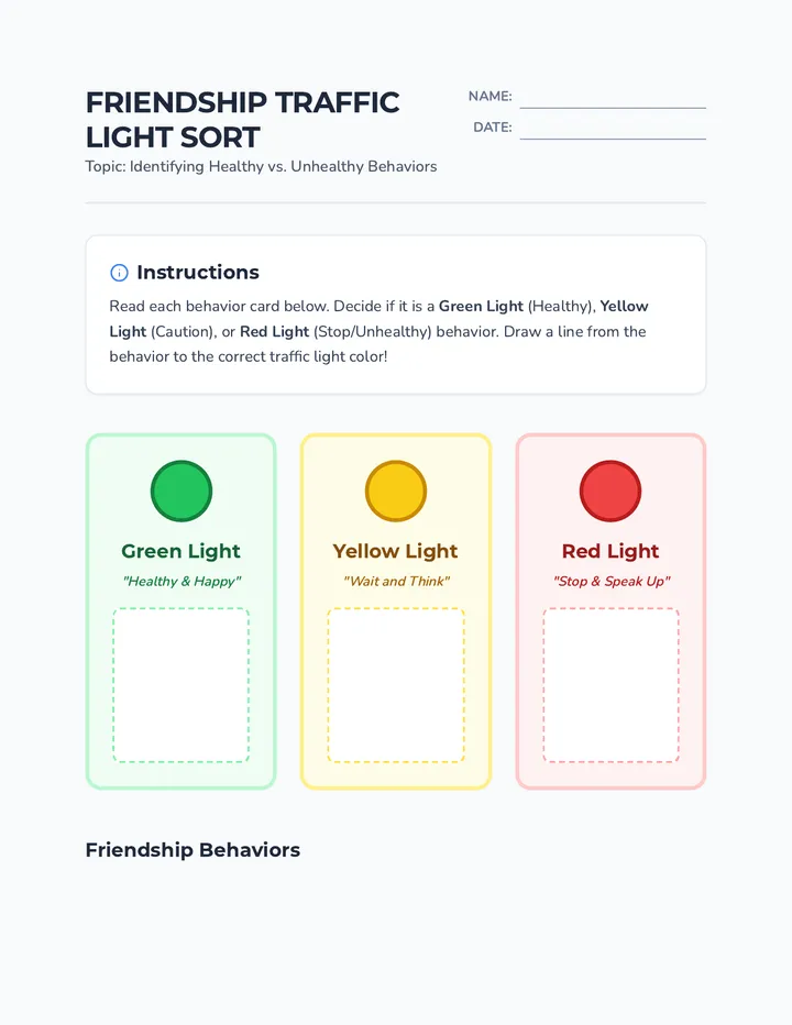 Friendship Traffic Lights Worksheet