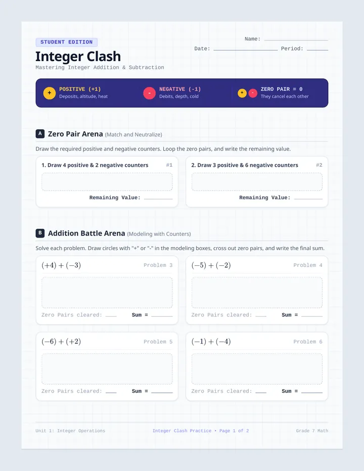 Integer Clash Worksheet
