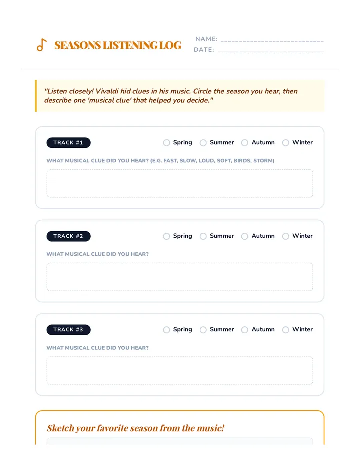 Seasons Listening Log Worksheet