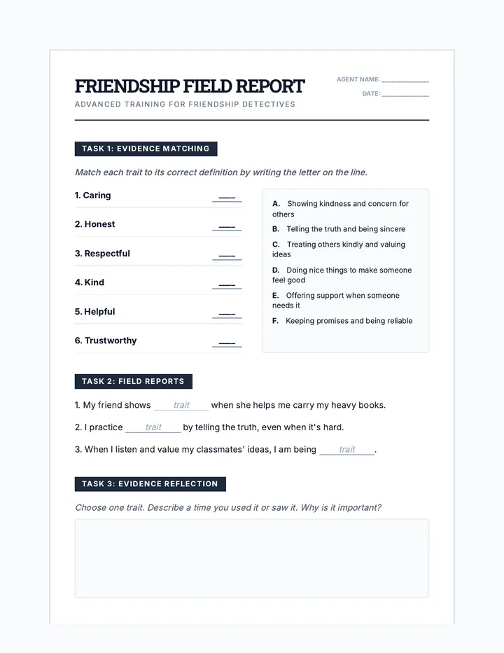 Friendship Detectives Practice Worksheet