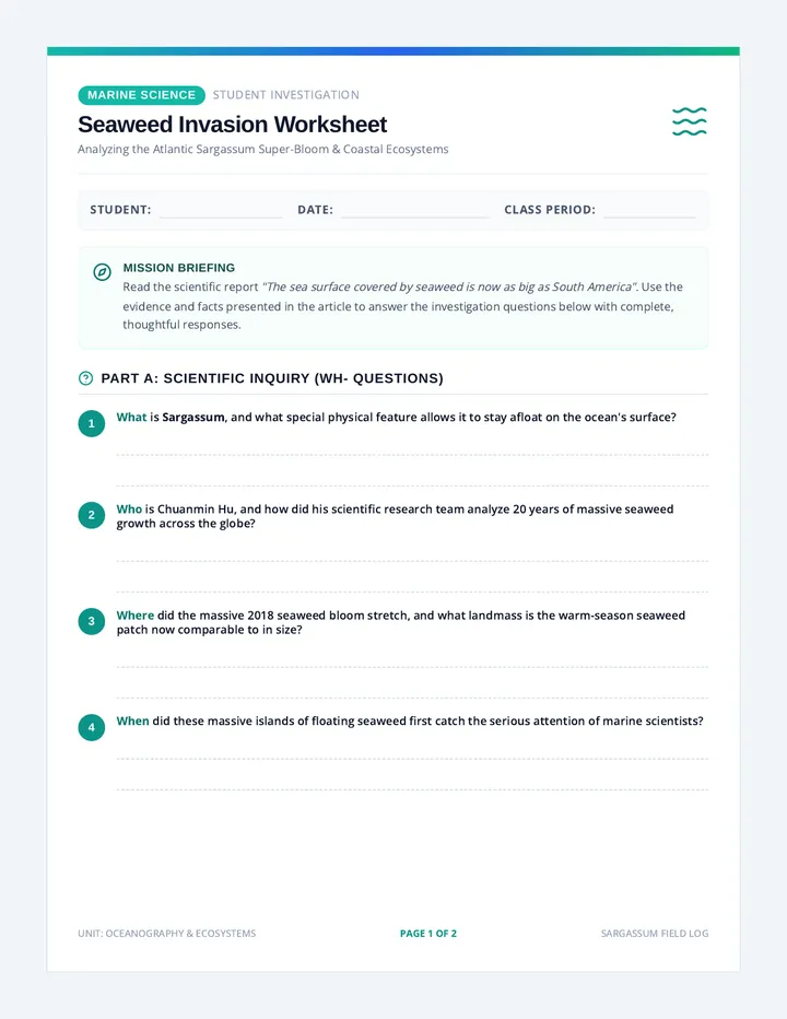 Seaweed Invasion Worksheet page 1