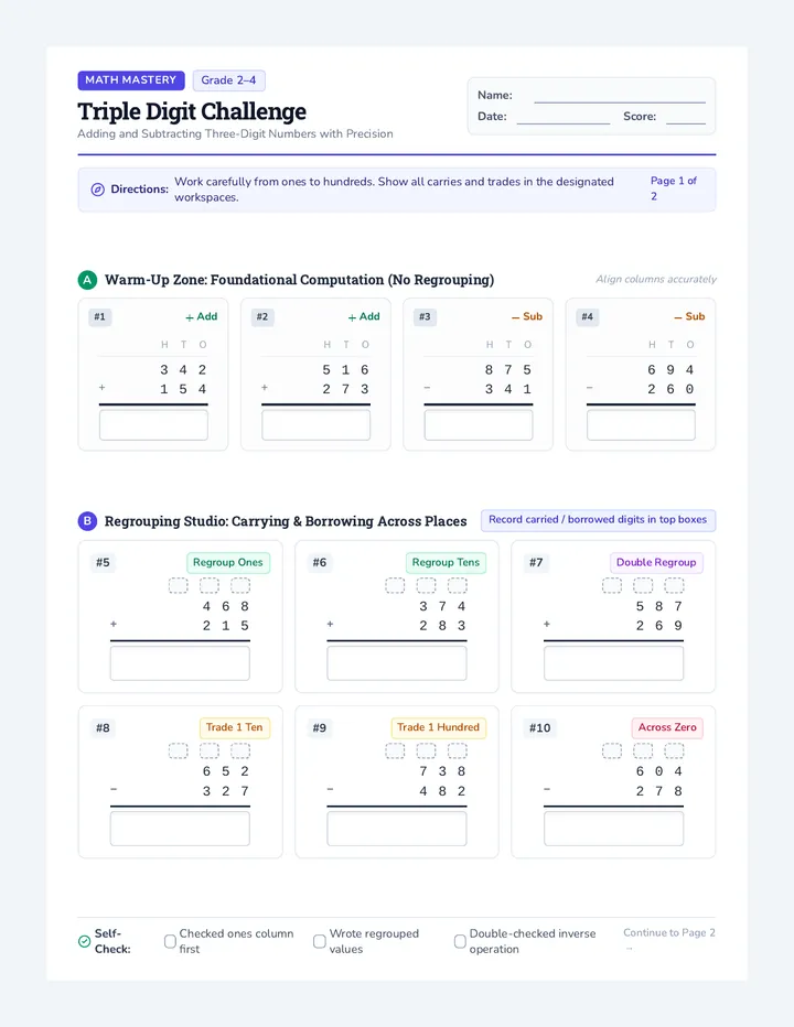 Triple Digit Challenge Worksheet