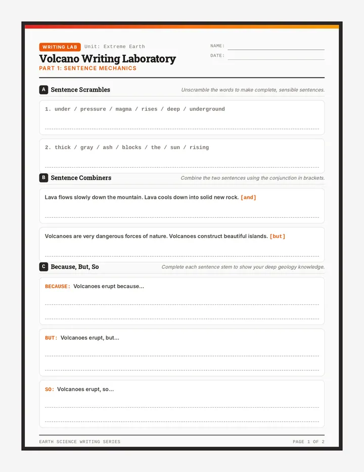 Volcano Fury Writing Worksheet
