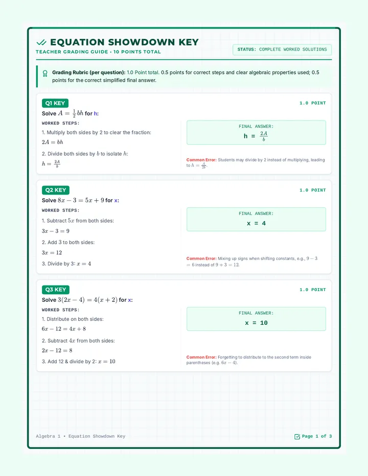 Equation Showdown Answer Key