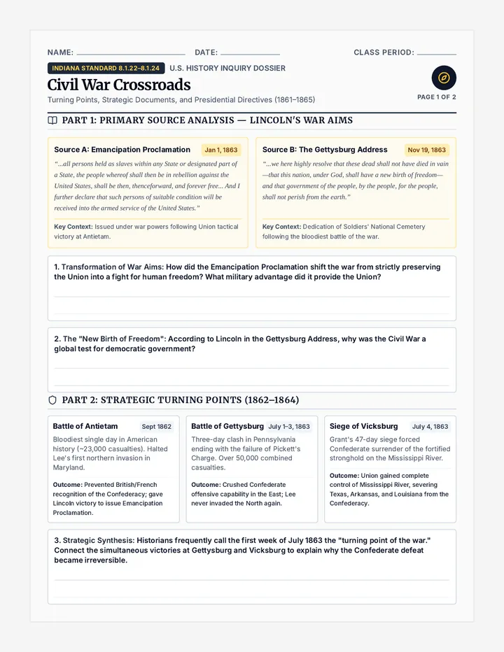 Civil War Crossroads Worksheet
