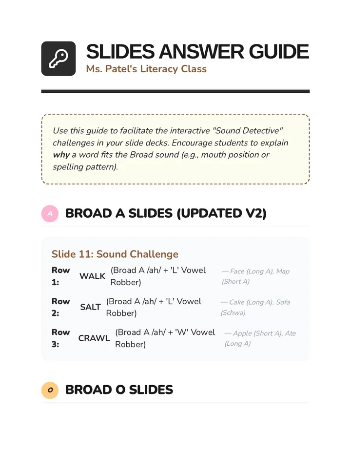 Broad Vowels Slides Answer Guide