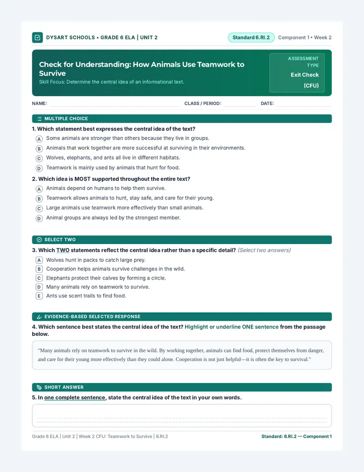 Central Idea CFU Worksheet