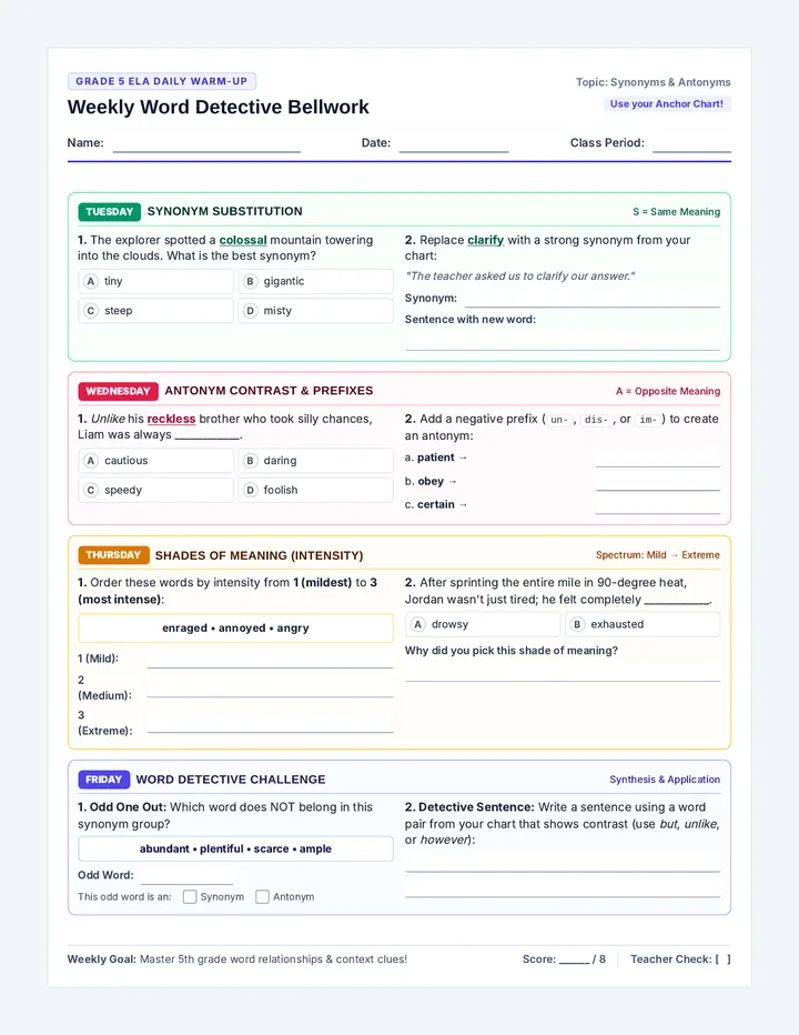 Synonym Antonym Bellwork Worksheet