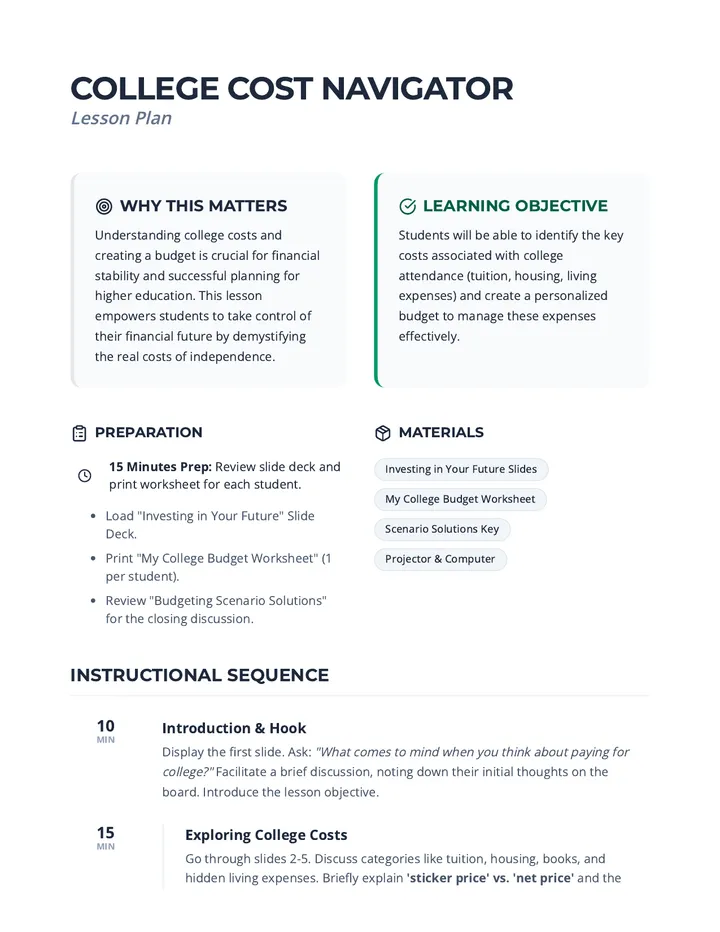College Cost Navigator Lesson Plan