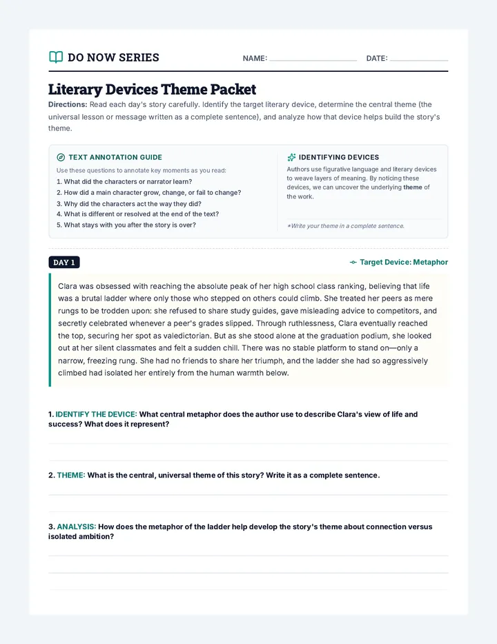 Literary Devices Theme Packet page 1