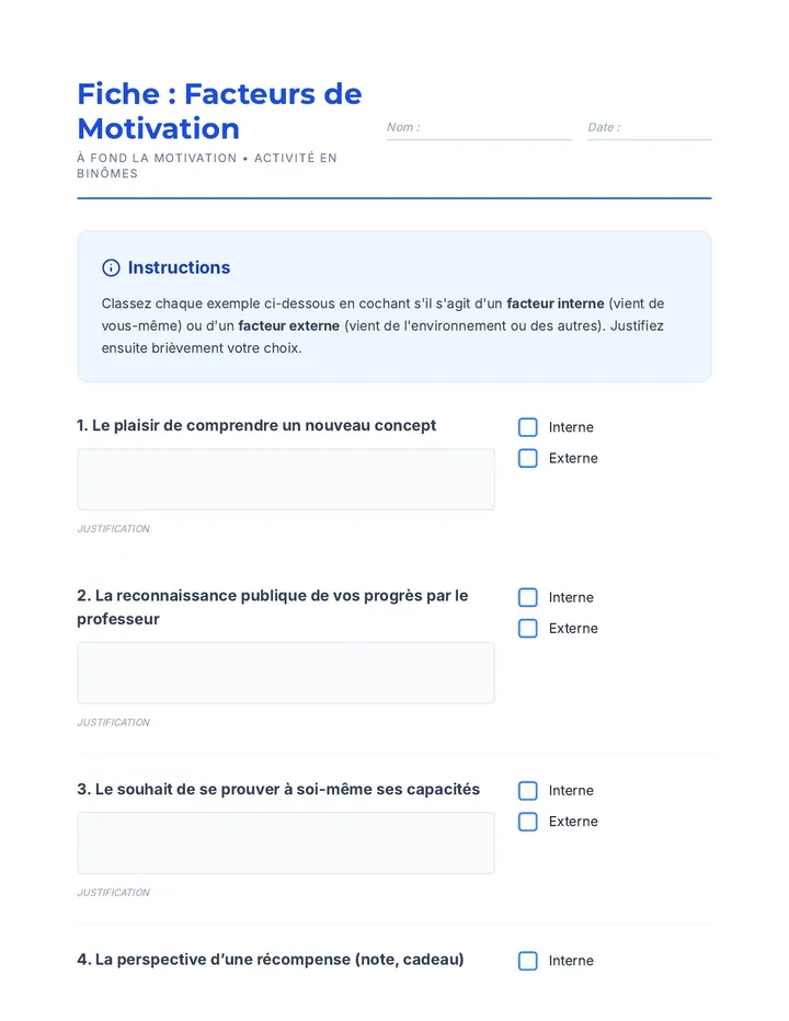 Fiche Facteurs Motivation Worksheet