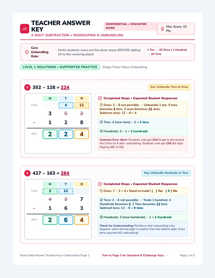 Subtraction Regrouping Answer Key