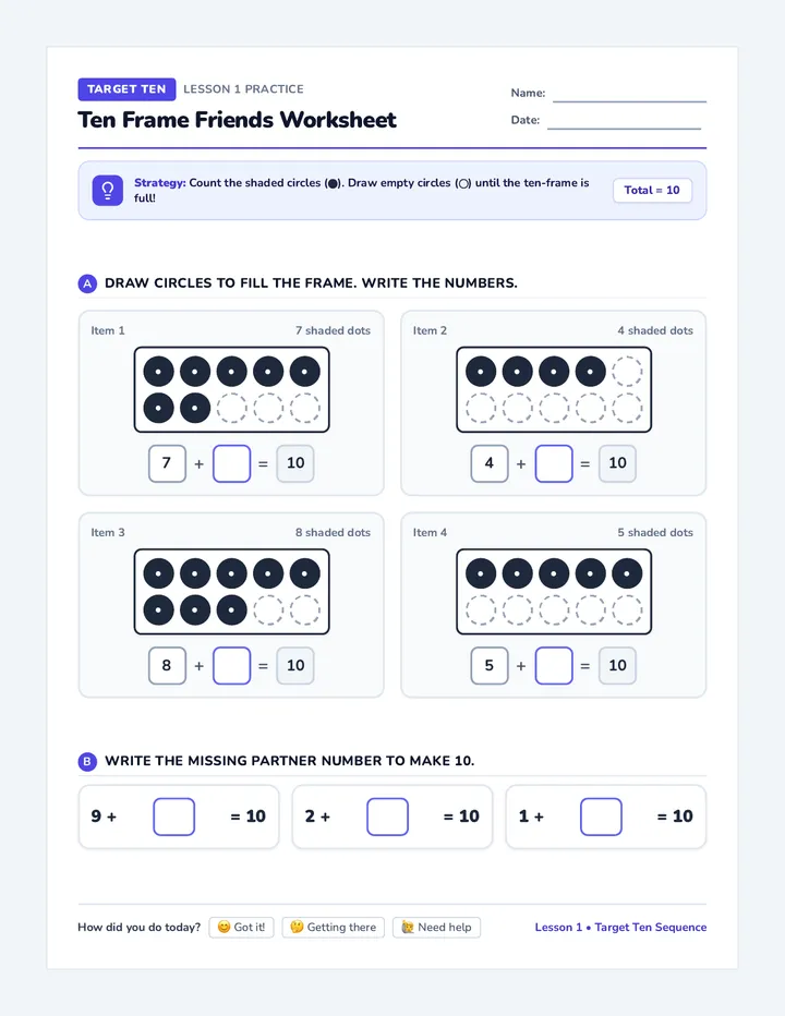 Ten Frame Friends Worksheet