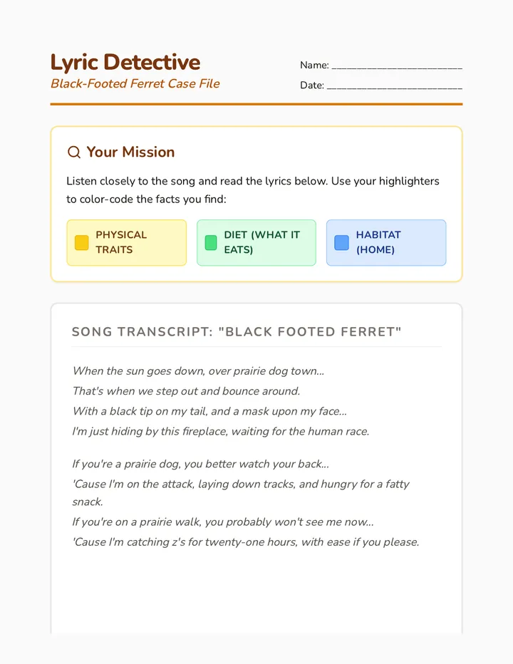 Lyric Detective Worksheet