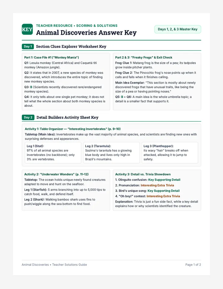 Animal Discoveries Answer Key