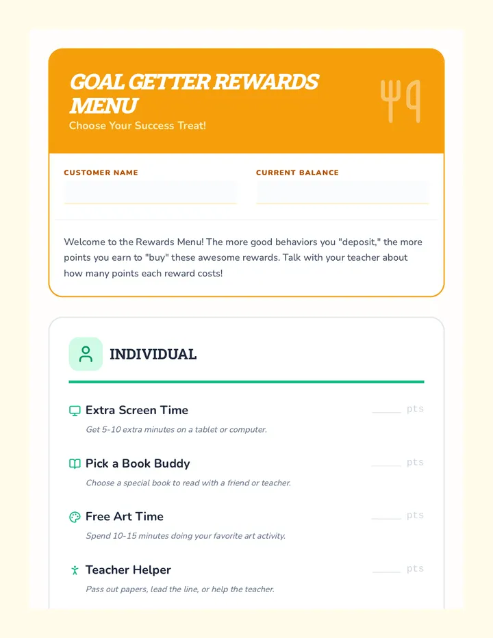 Goal Getter Rewards Menu Activity