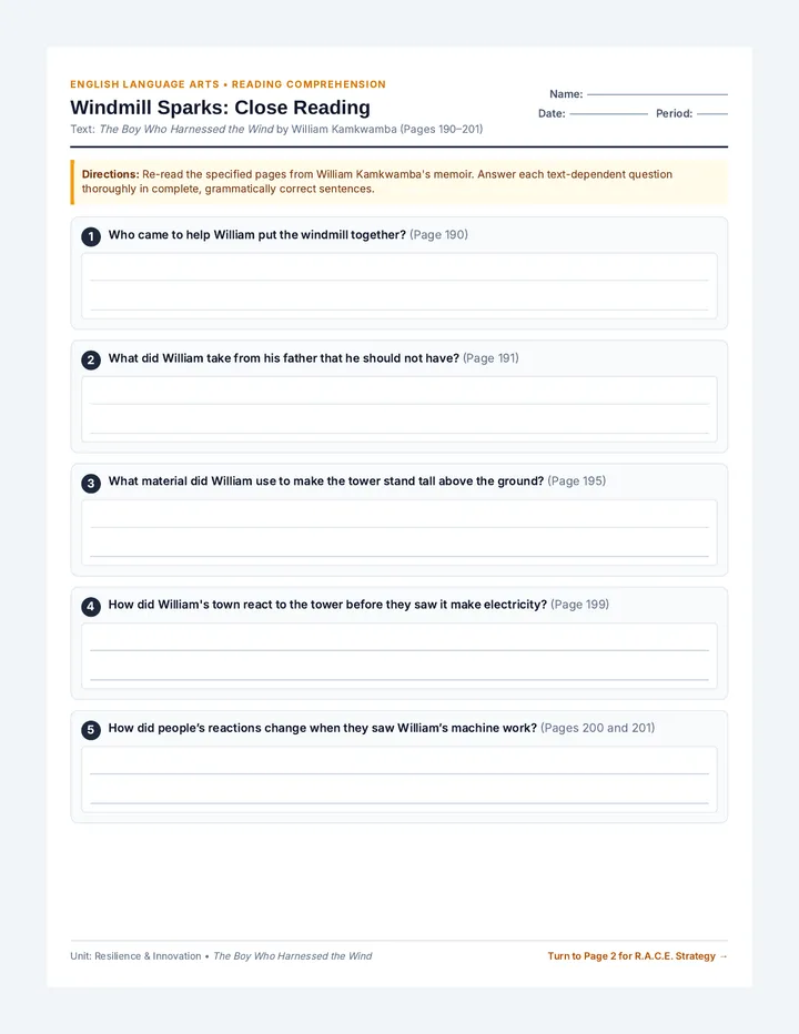 Windmill Sparks Worksheet