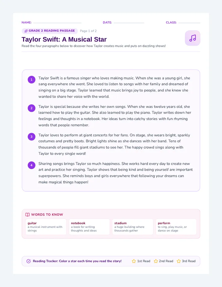 Sparkle Singer Reading Packet