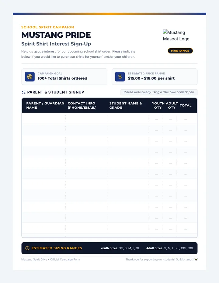Mustang Spirit Wear Signup Sheet