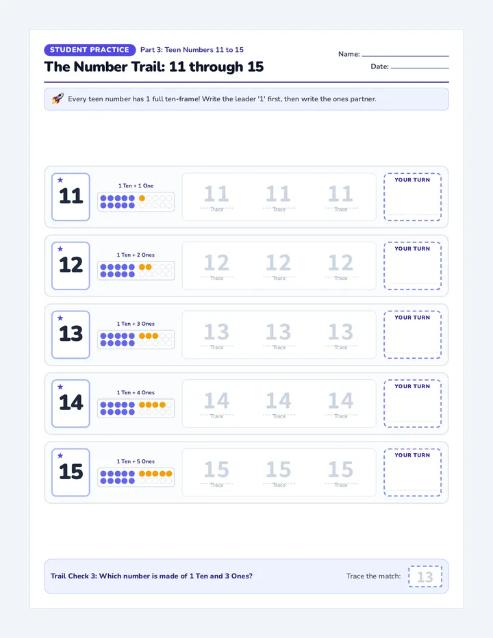 Number Trail 11 to 20 Practice Worksheet