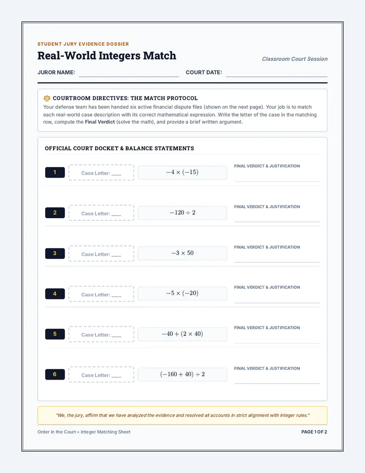 Real-World Integers Match Activity